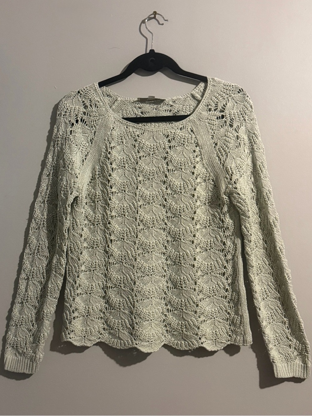 LOFT 100% Cotton Open Knit Lace Sweater Sage Green Long Sleeve